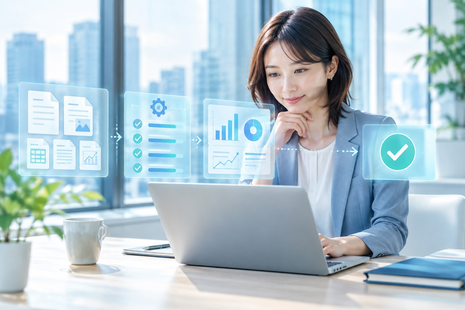 日本人が業務の一部を自動化し、最終確認するイメージ